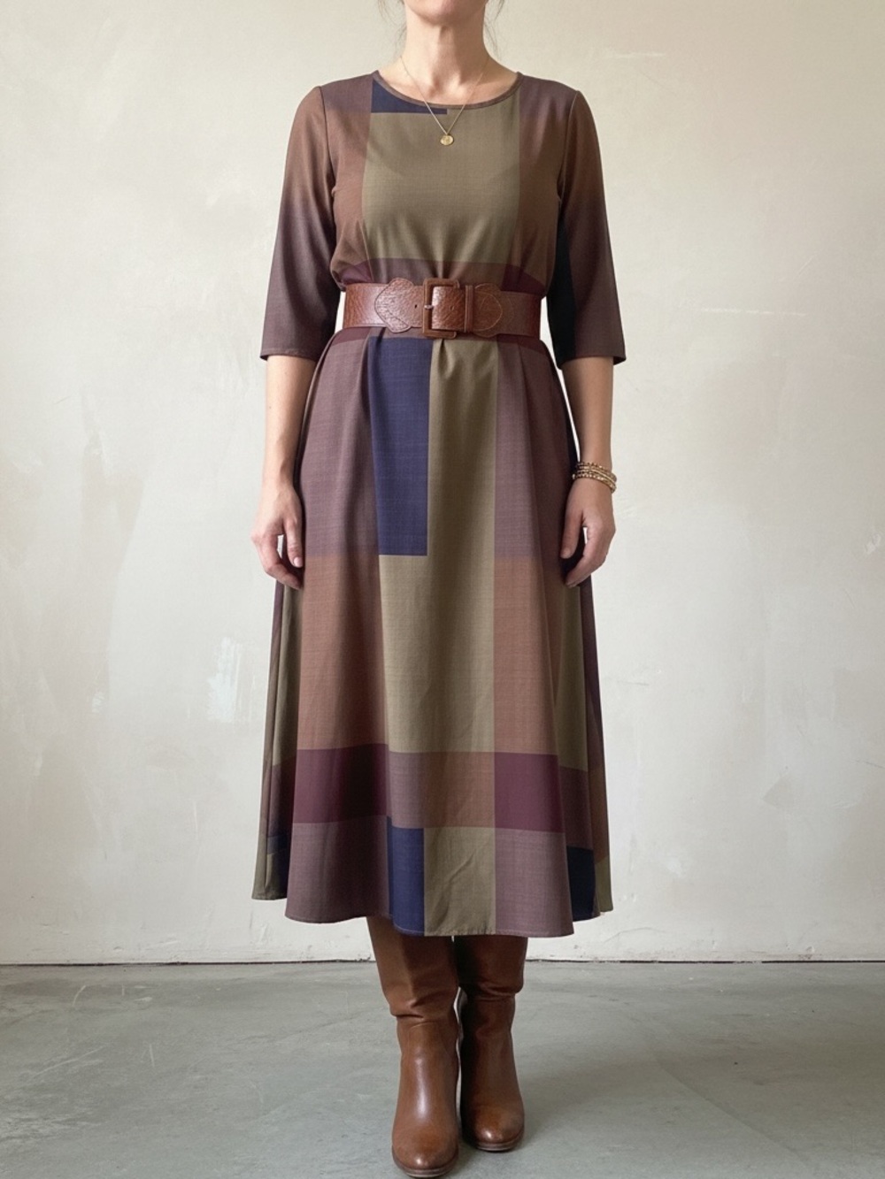 Colorblock Midi Dress in Olive & Brown with Belted Waist